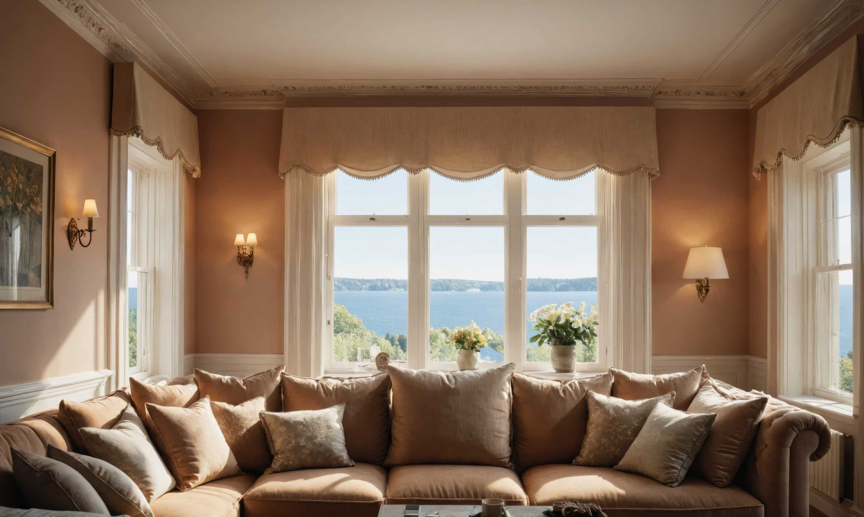 A cozy living room with large windows overlooking a calm body of water
