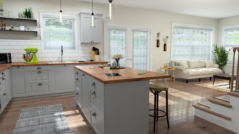 wood blinds kitchen and dining room